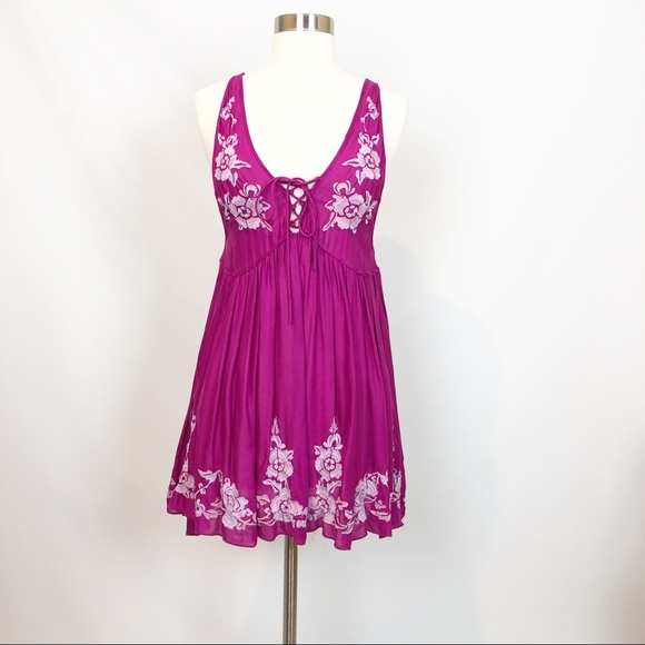 Free People fuchsia embroidered lace up babydoll - Picture 1 of 7